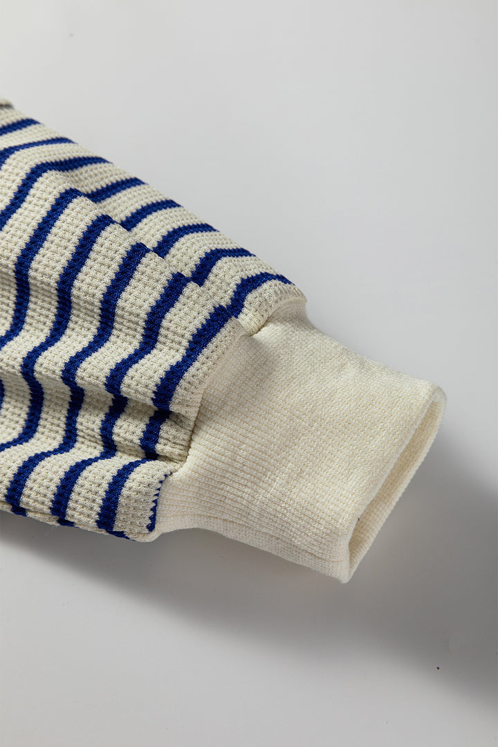 Blue Stripe Textured Elbow Patched Crew Neck Drop Shoulder Sweatshirt