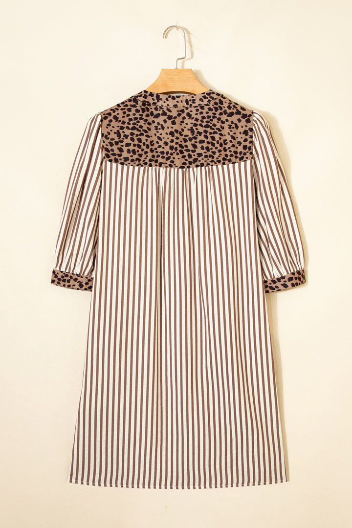 Square Button Leopard Trim Loose Bracelet Sleeve Shirt Dress