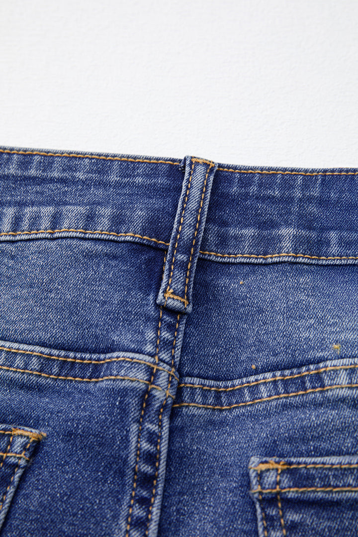 Dark Blue Whiskered Wash Raw Hem Cropped Jeans