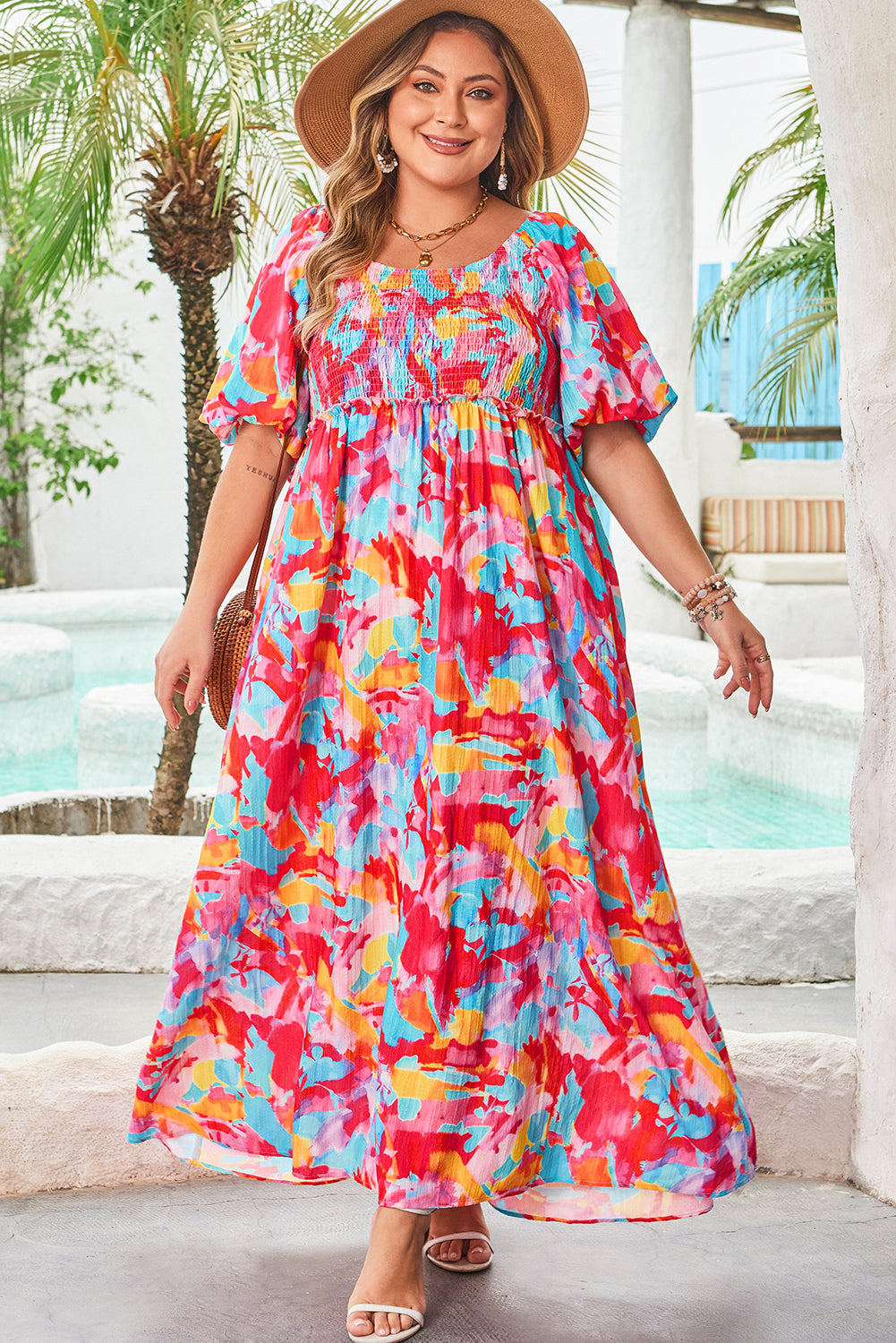 Rose Abstract Printed Square Neck Smocked Bust Tied Back Plus Size Dress