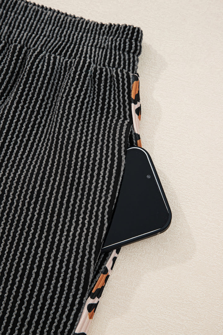 Carbon Grey Twisted Rib Texture Leopard Patchwork Detail 2pcs Pant Set
