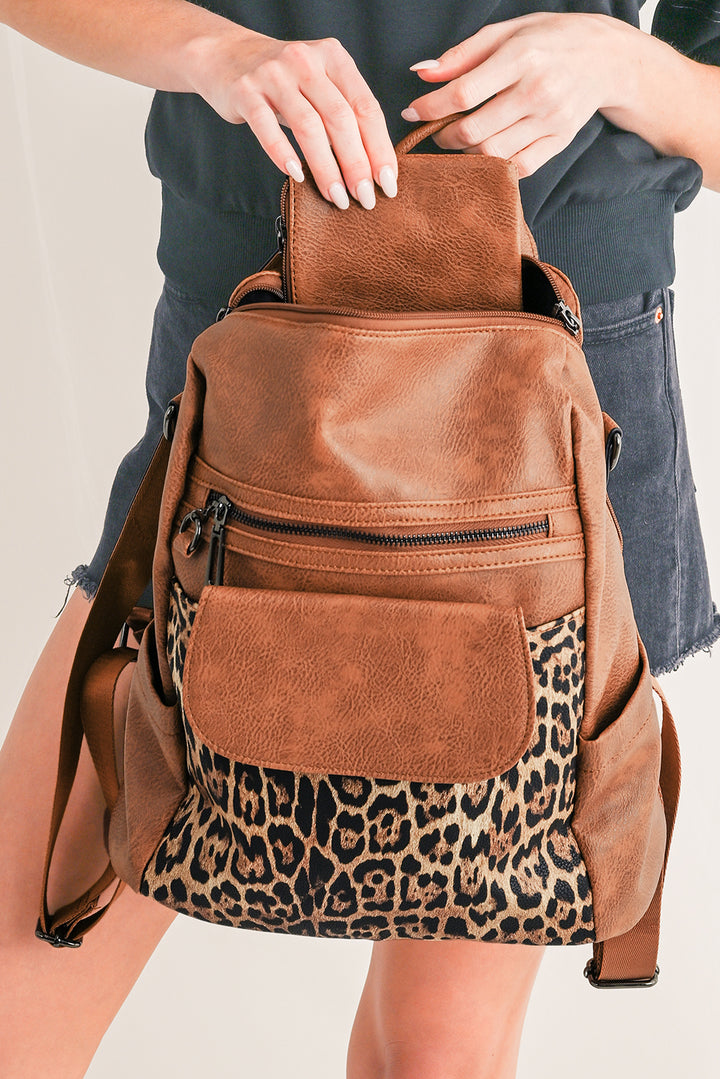 Sac à dos fonctionnel en cuir PU à motif patchwork léopard