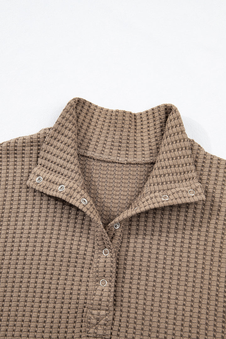 Casual Solid Color Textured Snap Button Collared Baggy Top