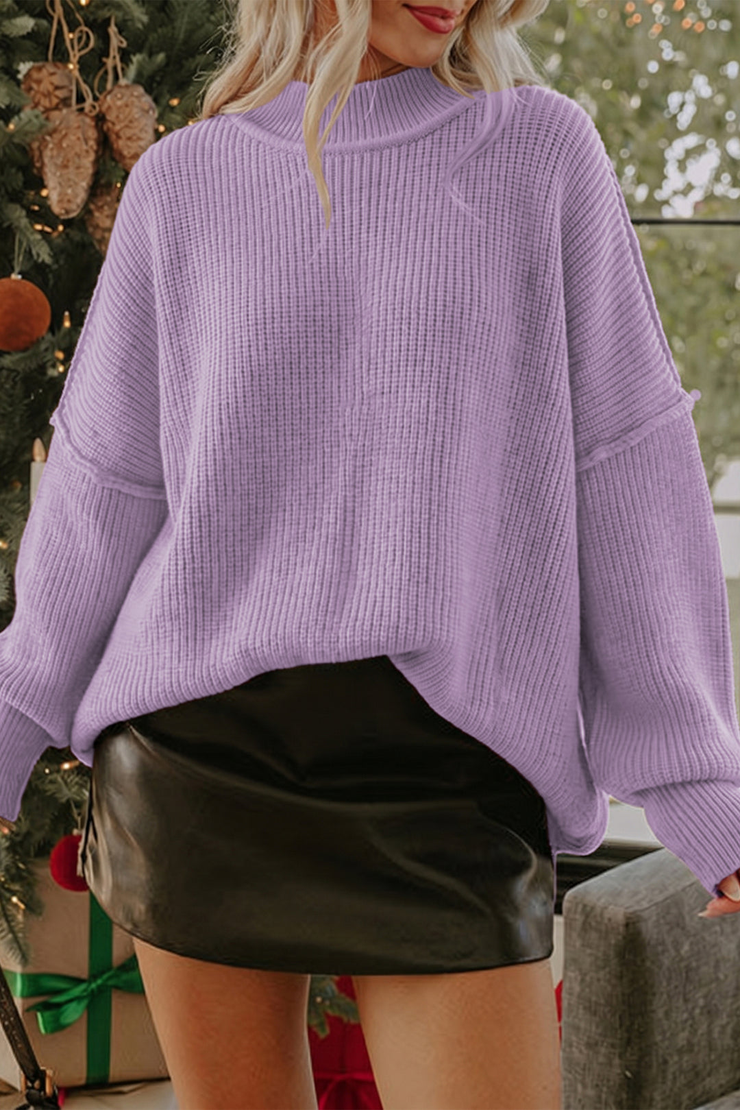 Orchid Bouquet Ribbed Knit Stand Neck Regular Fit Pullover Sweater