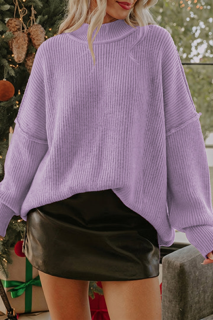 Orchid Bouquet Ribbed Knit Stand Neck Regular Fit Pullover Sweater