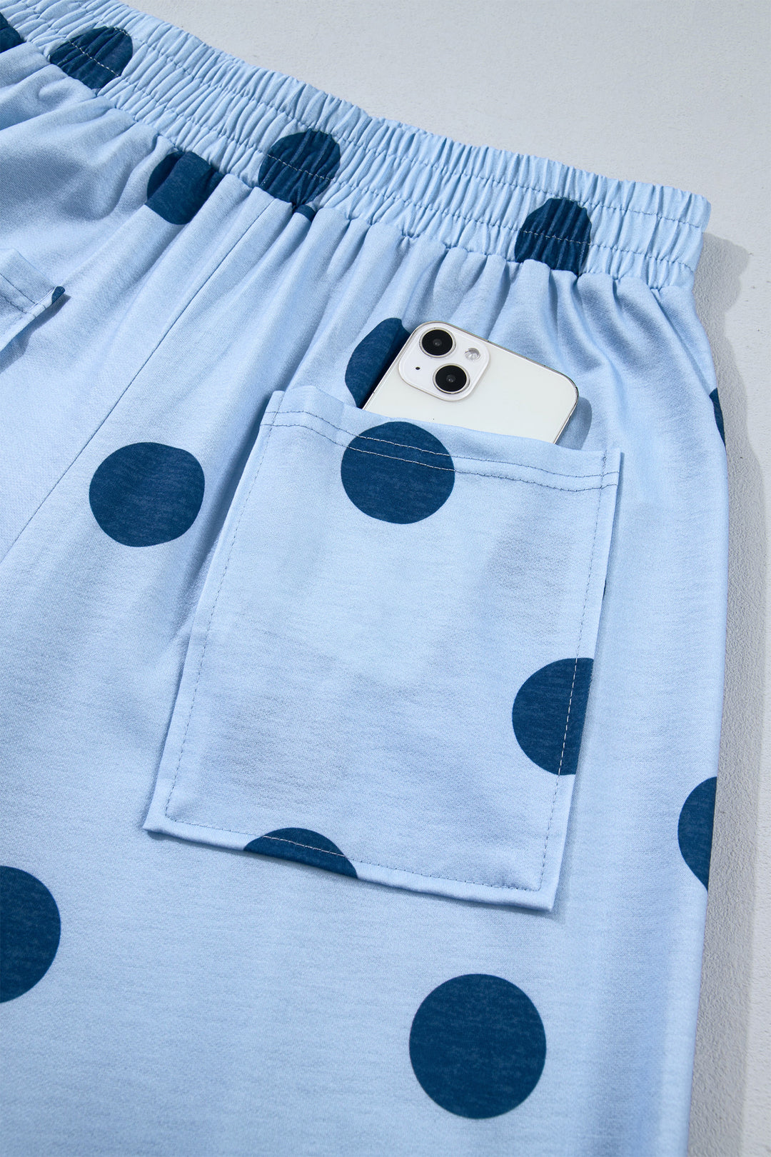 Sky Blue Polka Dot Wide Leg Elastic Waist Casual Pants