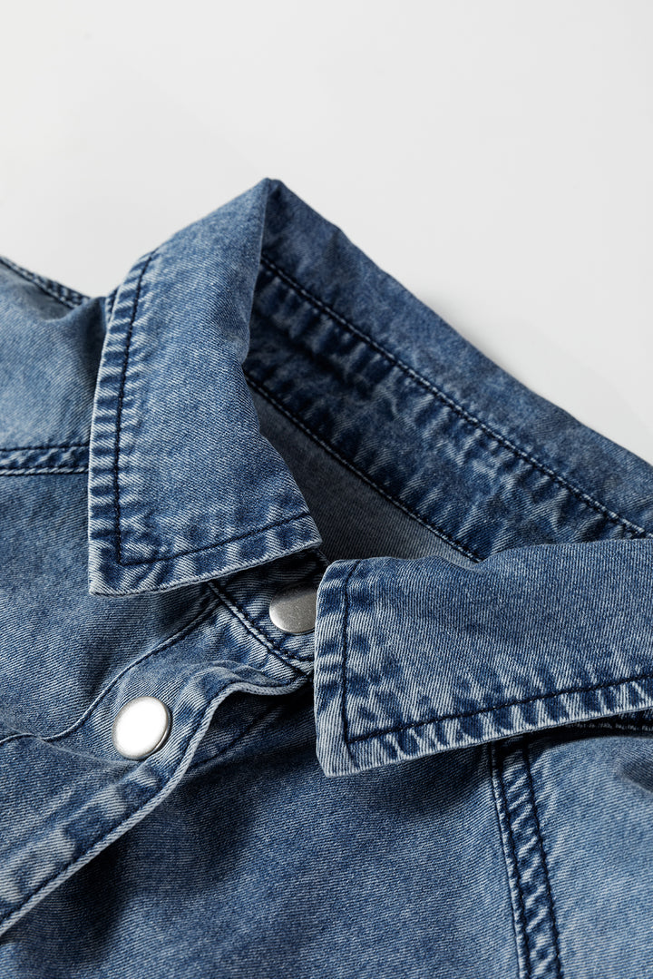 Blue Beau Chest Pocket Raw Hem Denim Loose Shirt Dress