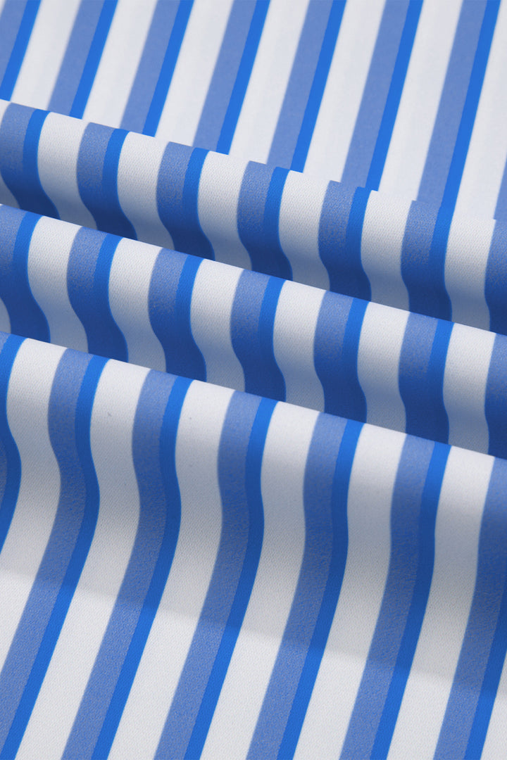 Sky Blue Stripe Drawstring Elastic Waist Patch Pocket Wide Leg Ankle-length Pants