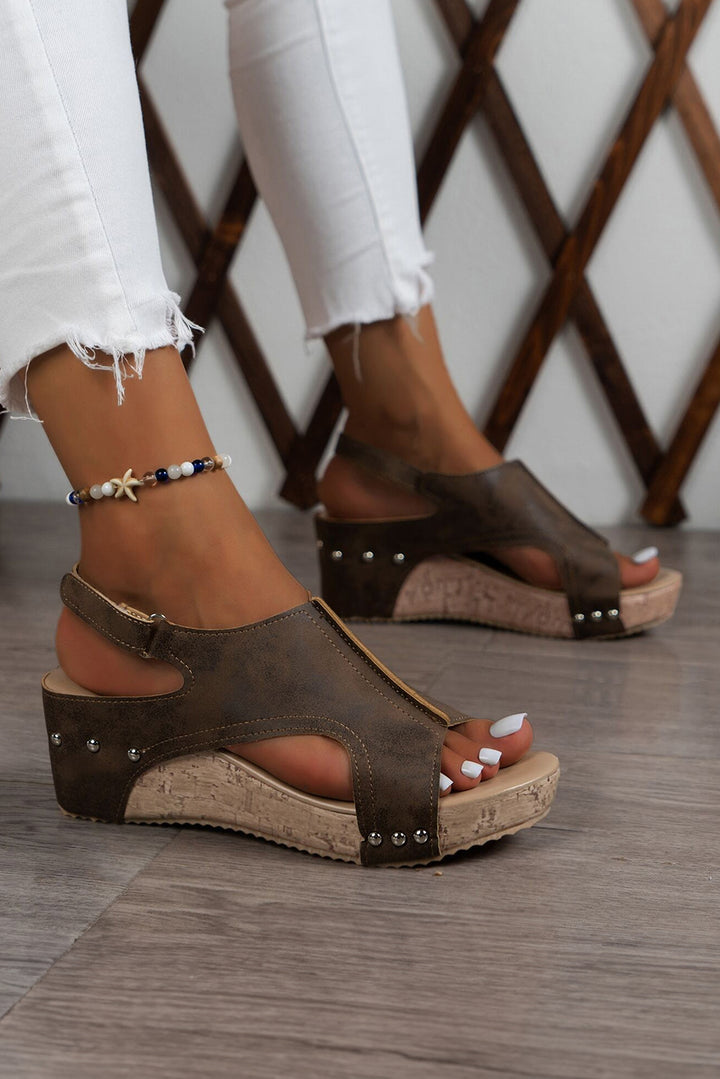 Suede Patched Studded Cut Out Wedge Sandals