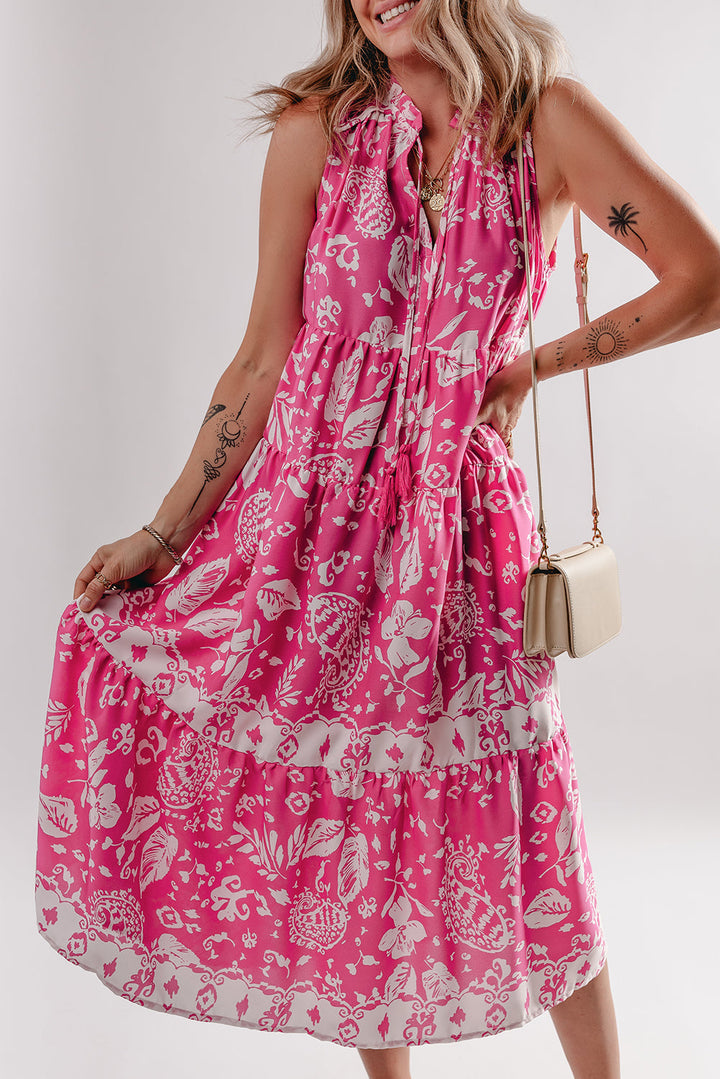 Floral Sleeveless Tasseled Lace-up Neck Tiered Midi Dress