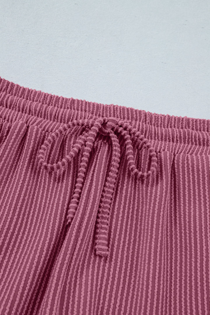 Pitaya Pink Twisted Ribbed Loose Tee Drawstring Elastic Waist 2pcs Short Set