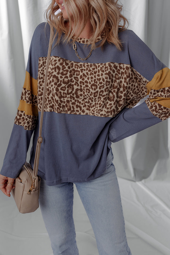 Leopard Colorblock Patchwork Long Sleeve 100%Cotton Top