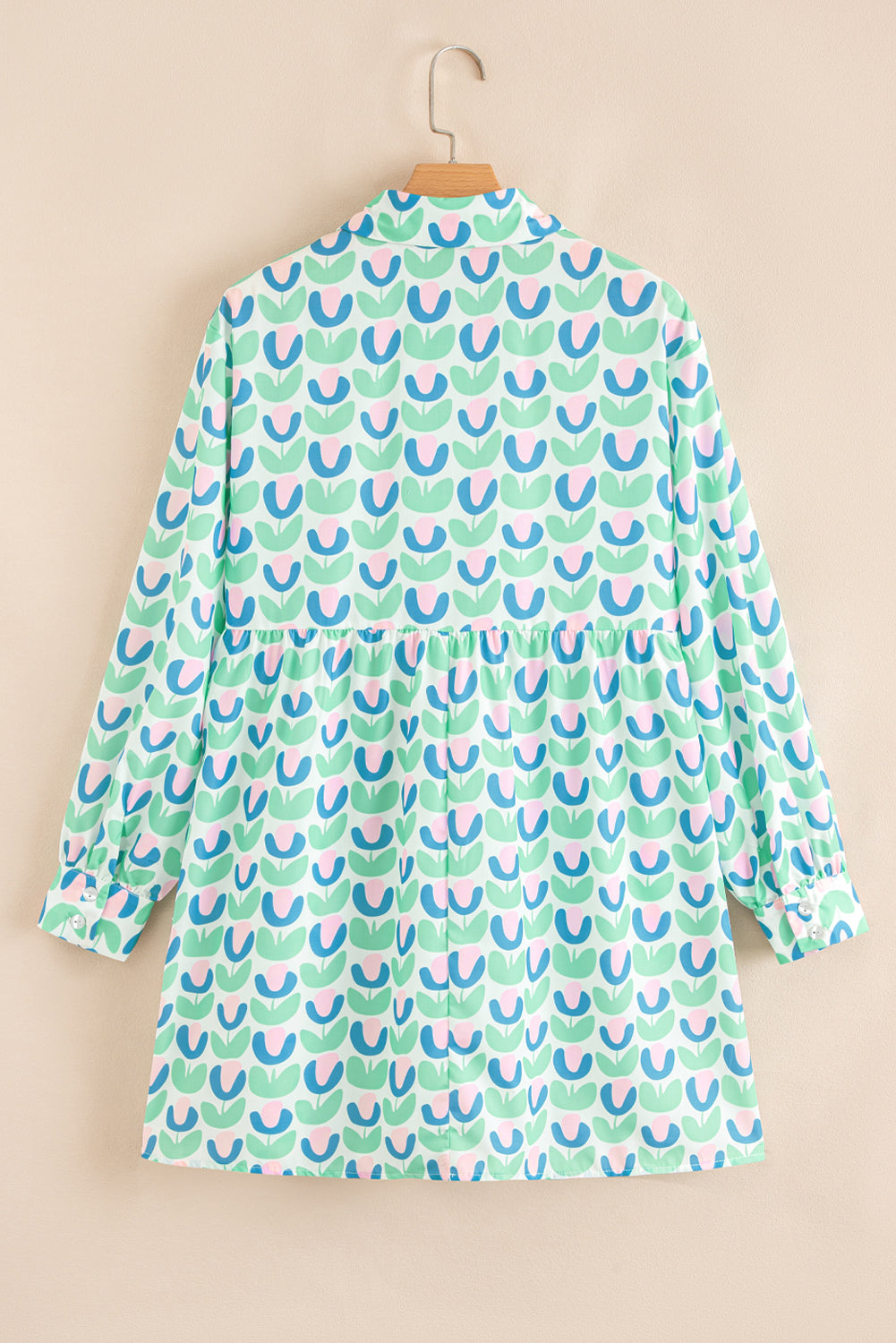 Floral Print Notched Neck Scalloped Detail Long Sleeve Mini Dress
