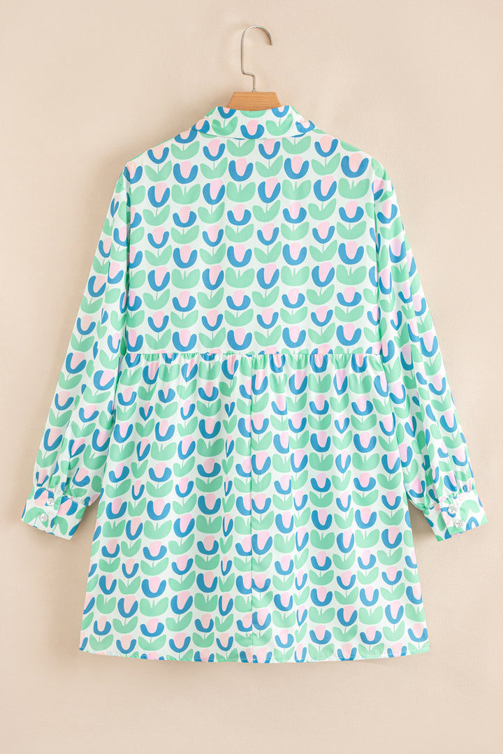 Floral Print Notched Neck Scalloped Detail Long Sleeve Mini Dress