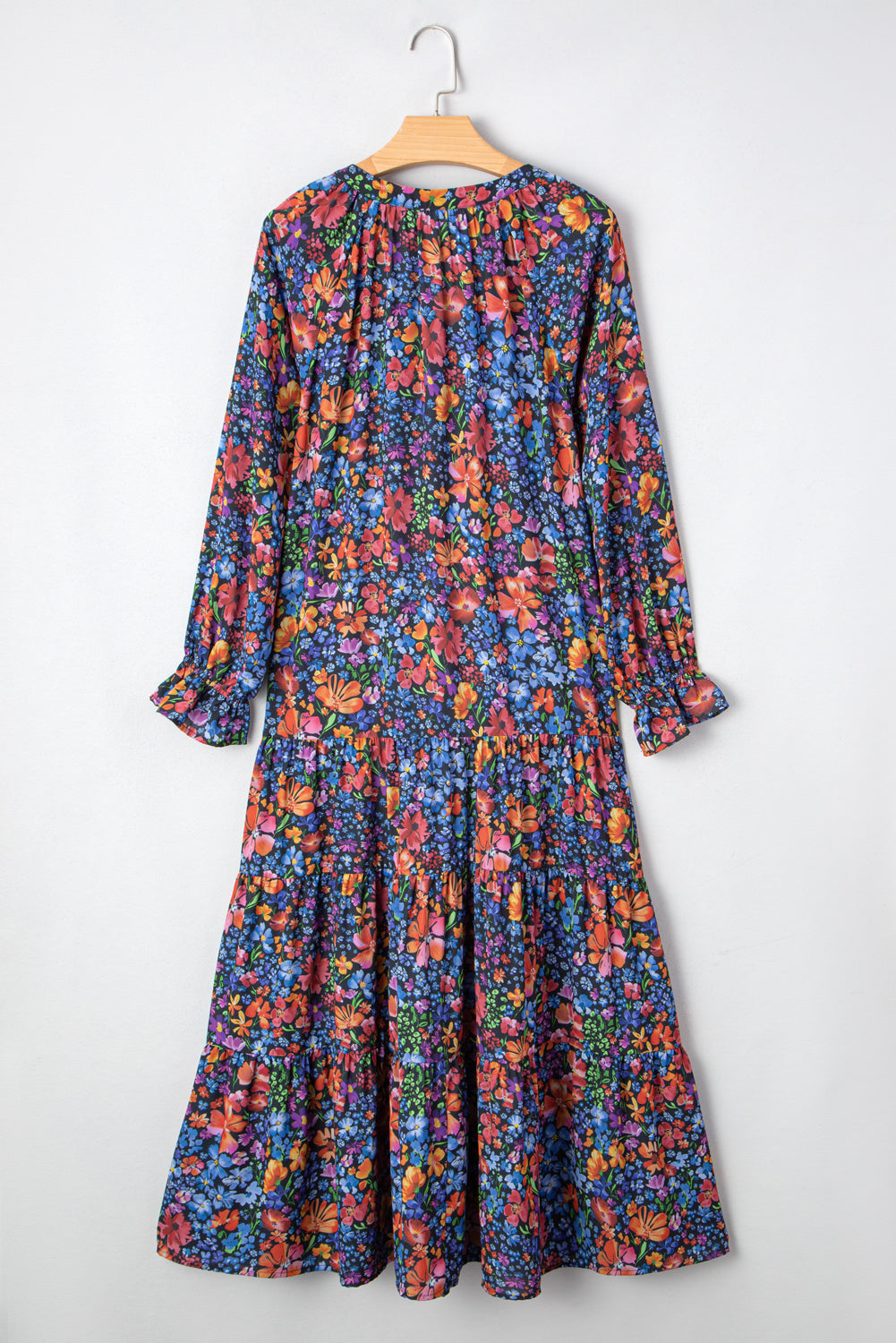 Floral Print Tassel Tie V Neck Long Sleeve Flowy Long Dress