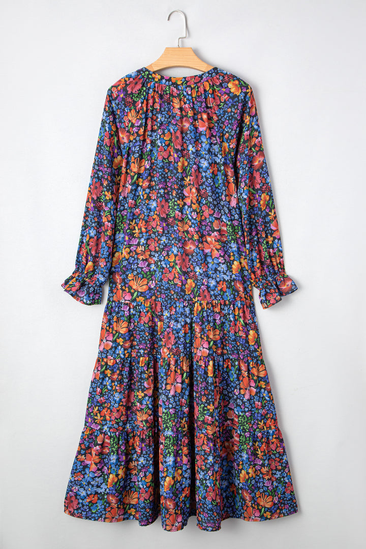 Floral Print Tassel Tie V Neck Long Sleeve Flowy Long Dress