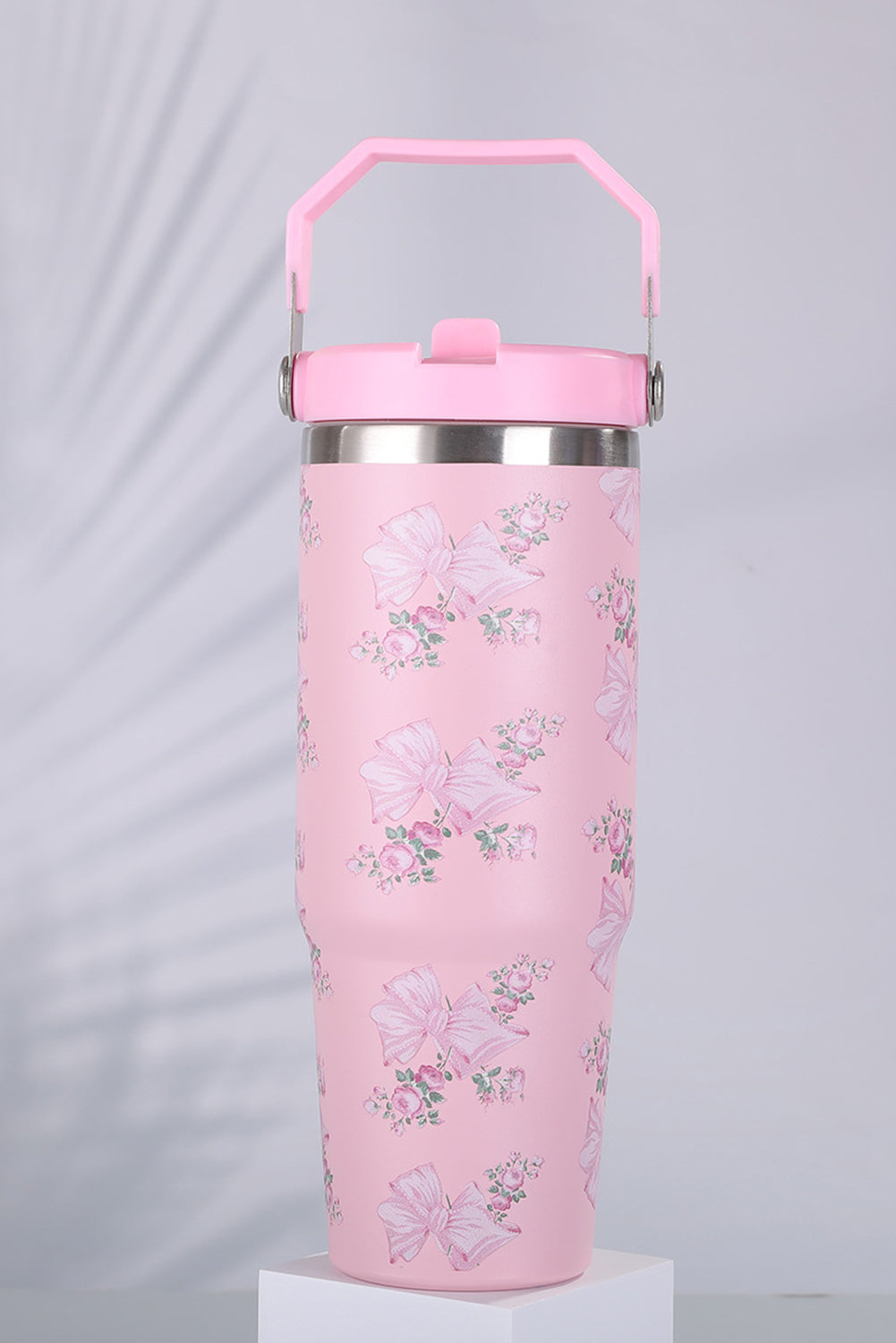 30OZ Trinkbecher mit Strohhalm und Schleife und Blumendruck