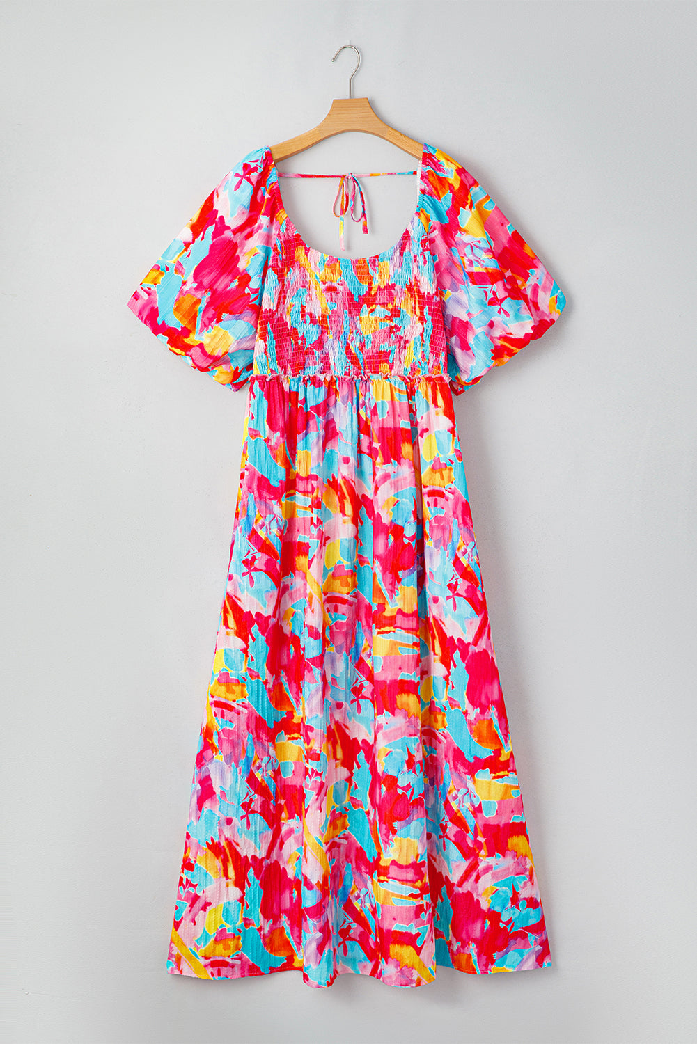 Rose Abstract Printed Square Neck Smocked Bust Tied Back Plus Size Dress