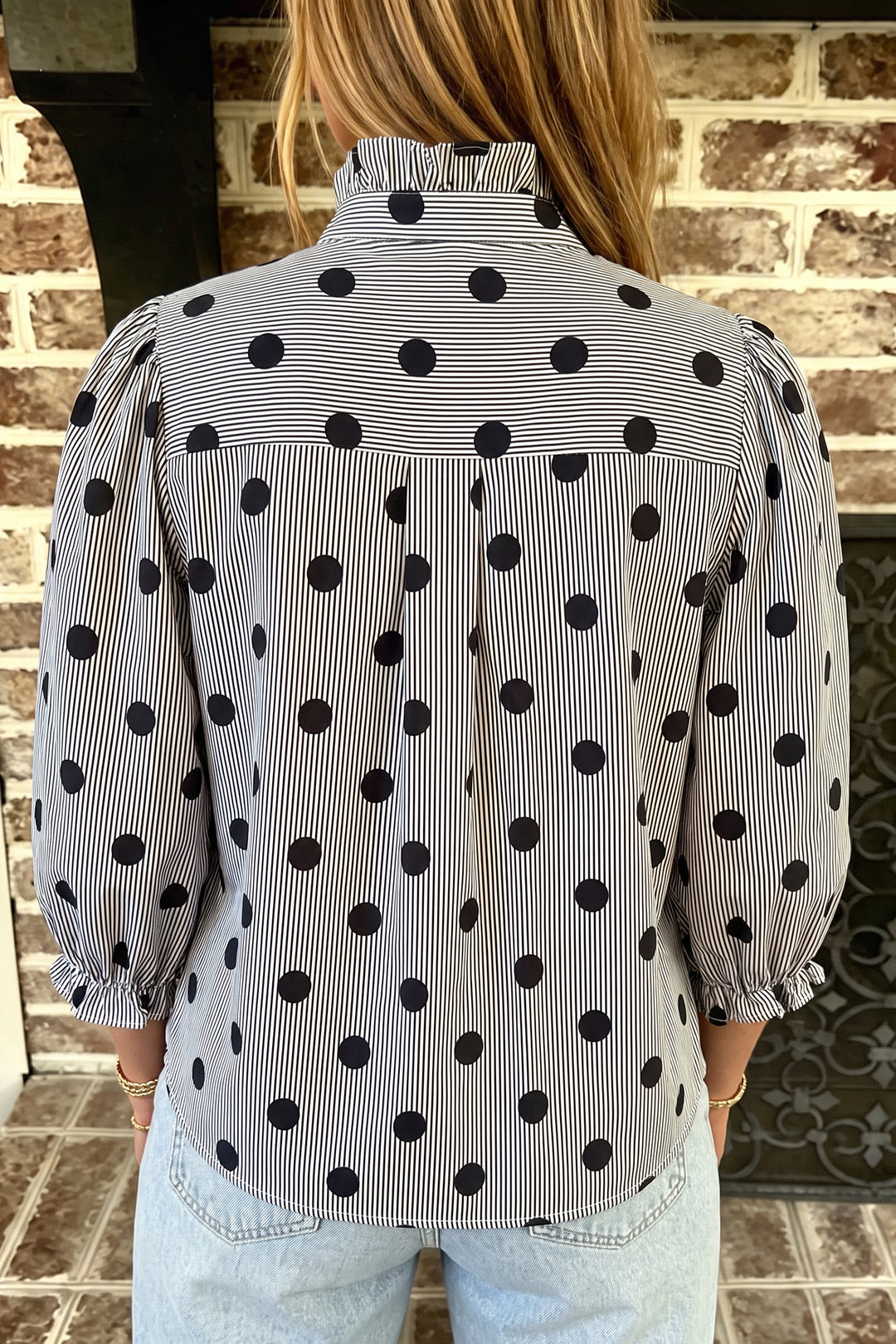Black white Polka Dot Striped Print Ruffle Stand Neck Shift Shirt