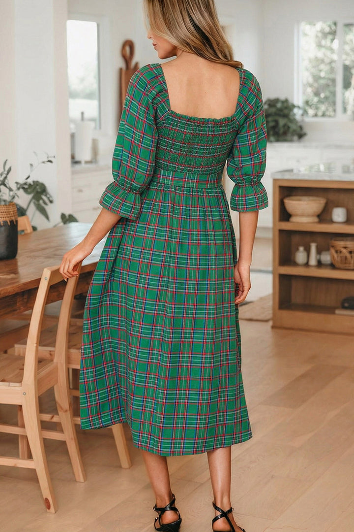 Green Tartan Plaid Square Neck Knot Waist Flared Midi Dress