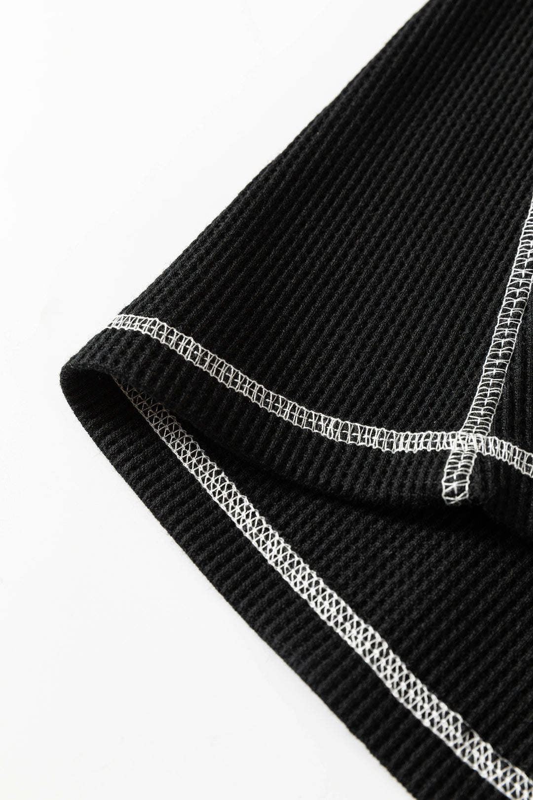 Black Waffle Textured Contrast Trim V Neck Tee