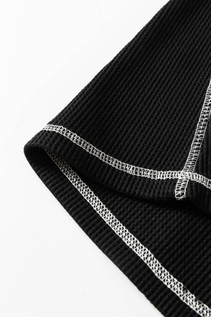 Black Waffle Textured Contrast Trim V Neck Tee