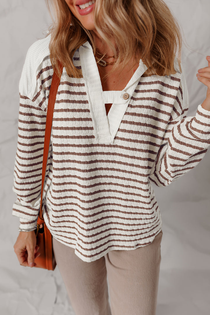 Textured Hooded V Neck Casual Long Sleeve Top