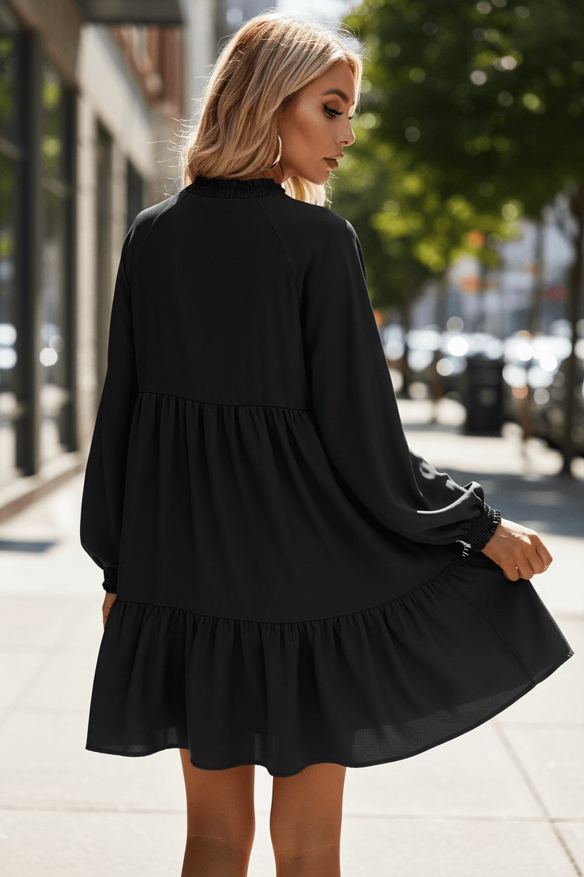 Black Tie Split Neck Smocked Detail Long Puff Sleeve Ruffle Hem Loose Dress