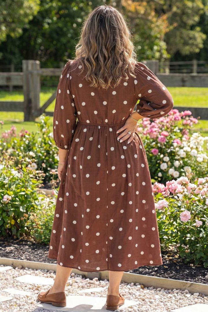 Brown Polka Dot Abdomen Pocket Gathered Cuffs Long Sleeve Shift Plus Size Dress