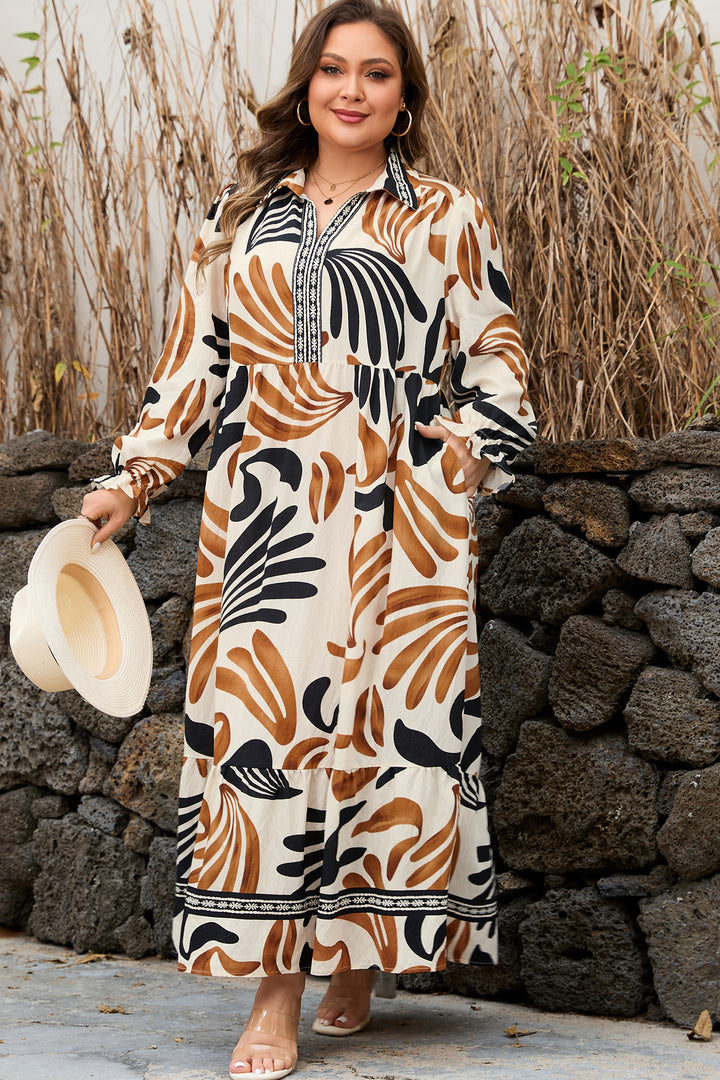 White Plus Size Abstract Print Contrast Collar Split Neck Shift Long Dress
