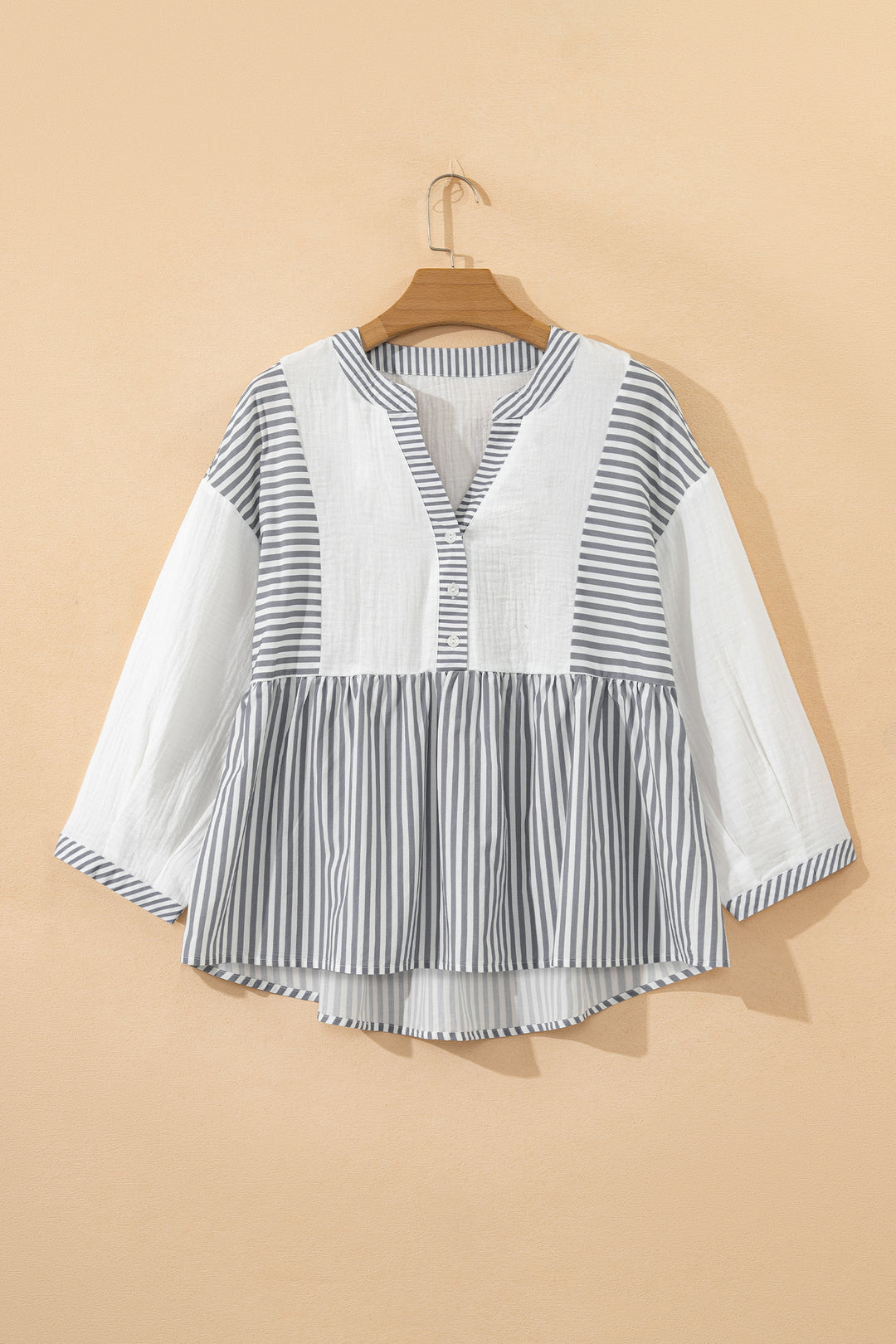 Half Button Gauze Patchwork Bracelet Sleeve Babydoll Blouse