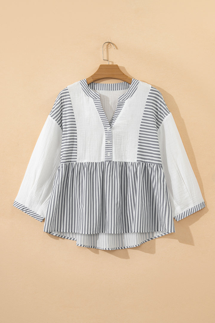 Half Button Gauze Patchwork Bracelet Sleeve Babydoll Blouse