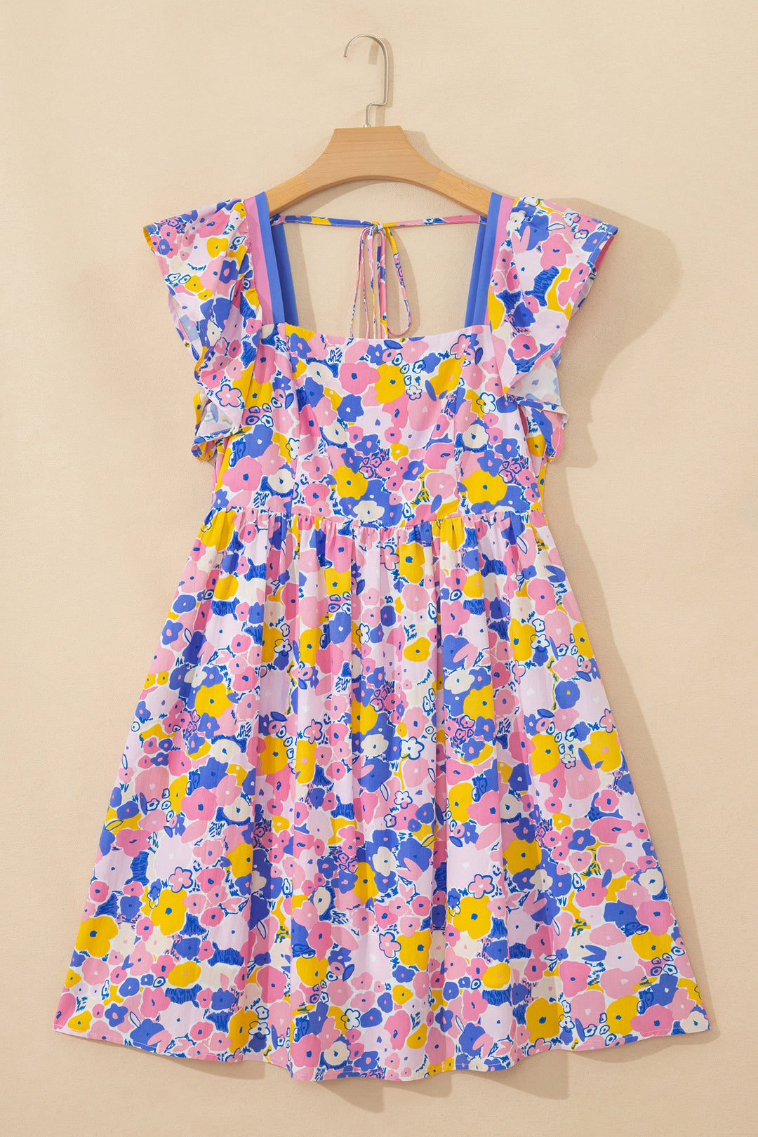 Multicolour Floral Print  Striped Trim Square Neck Loose Mini Dress