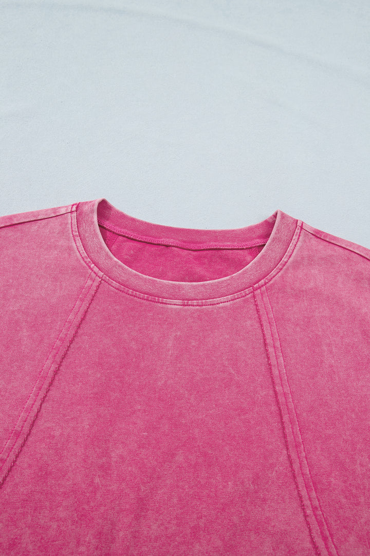 Pink Mineral Wash Raw Seam Detail Lace Trim Cap Sleeve Top