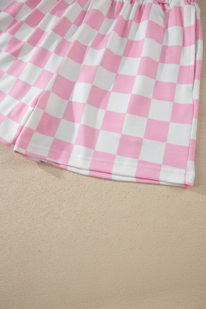 Pink Checkered Print Color Block Trim Mock Neck Short Set
