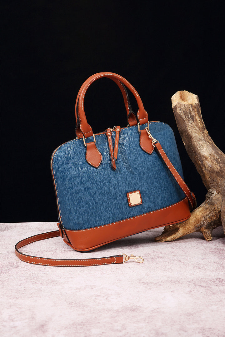 Color Contrast PU Leather Zipper Tote Bag