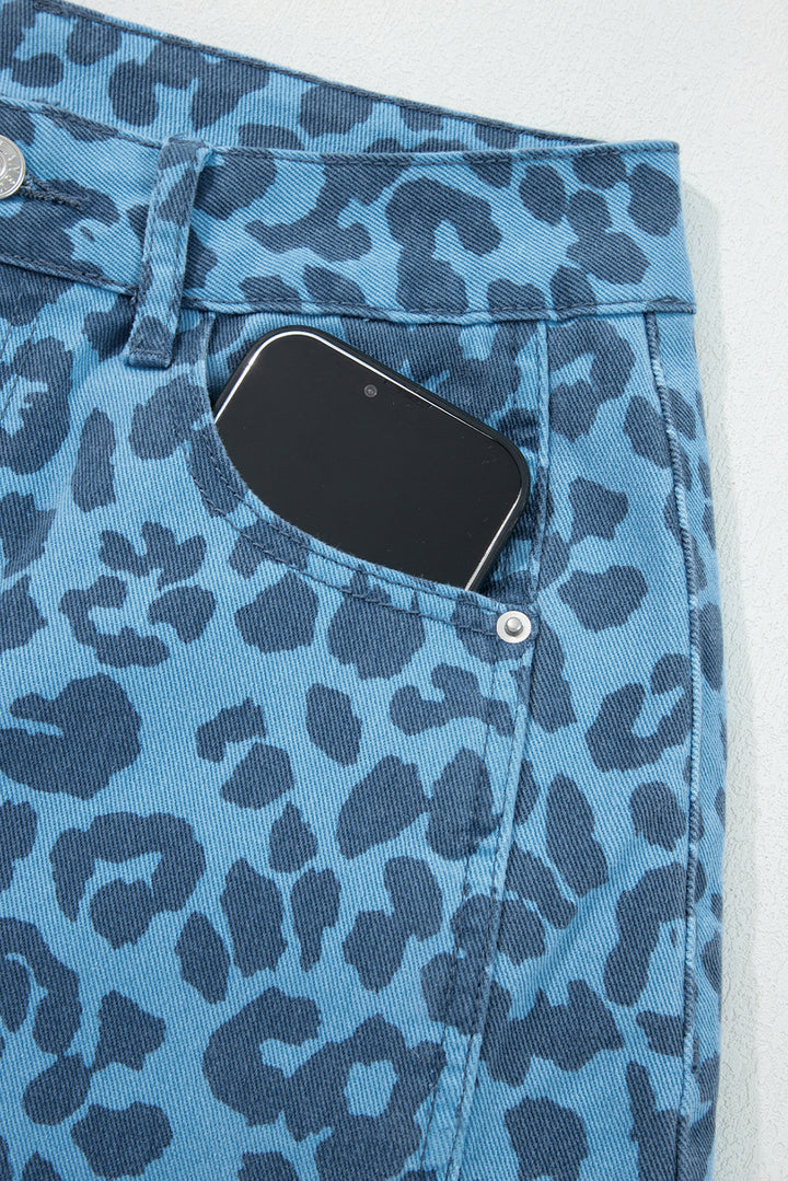 Sky Blue Leopard Print Barrel Leg Jeans
