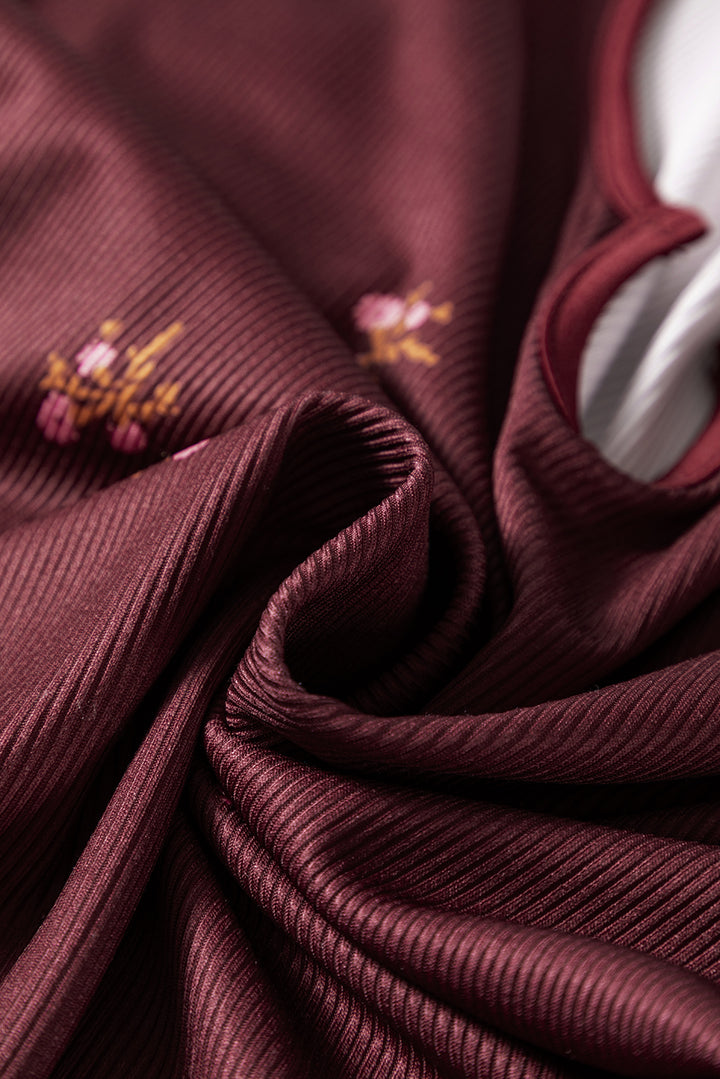 Burgundy Notched Neck Floral Print Ribbed Long Sleeve Top