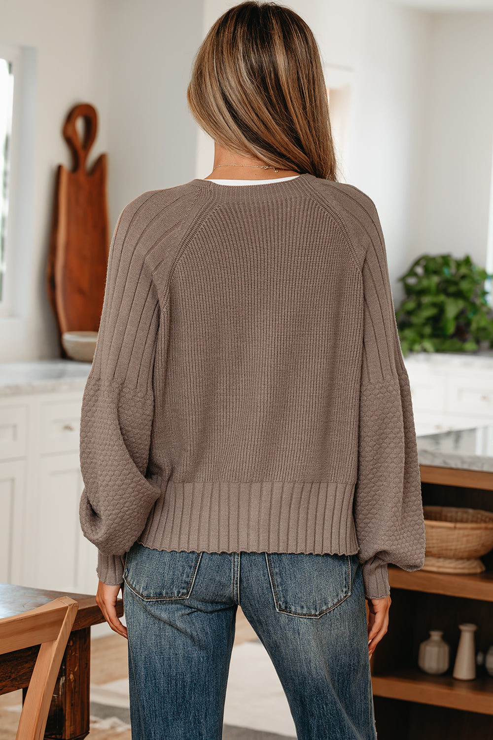 Mixed Texture Knit Button V Neck Sweater Cardigan