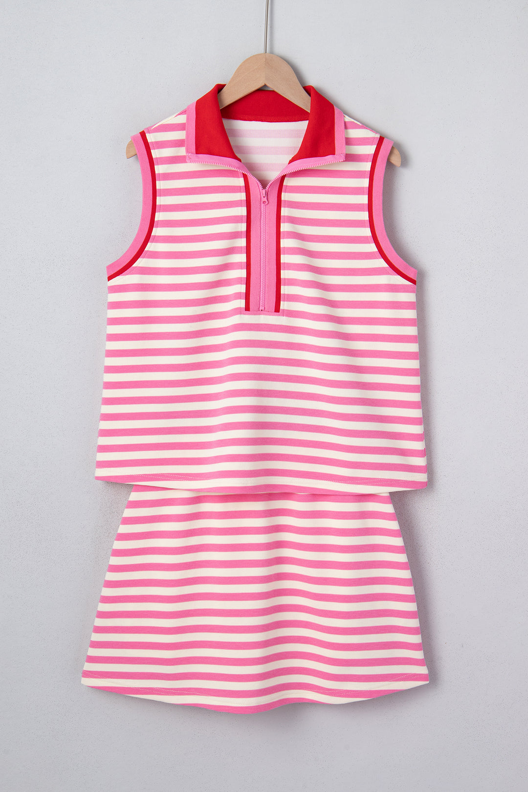 Sachet Pink Textured Stripe Print Zip Collar Sleeveless 2pcs Skort Set