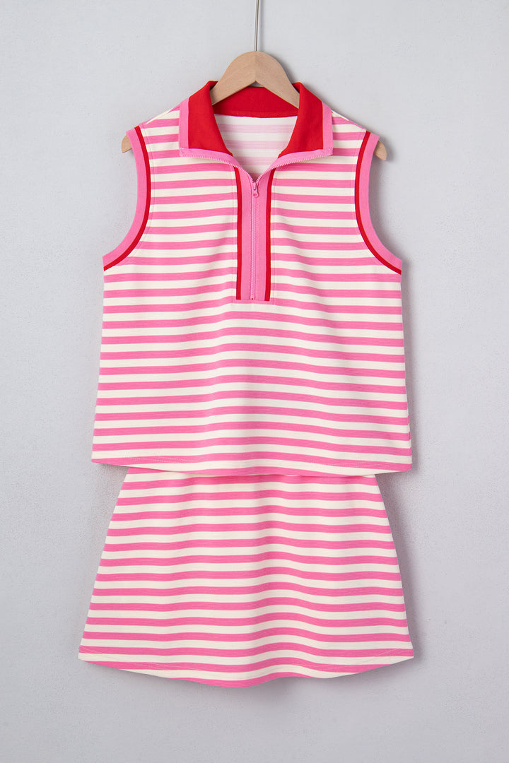 Sachet Pink Textured Stripe Print Zip Collar Sleeveless 2pcs Skort Set