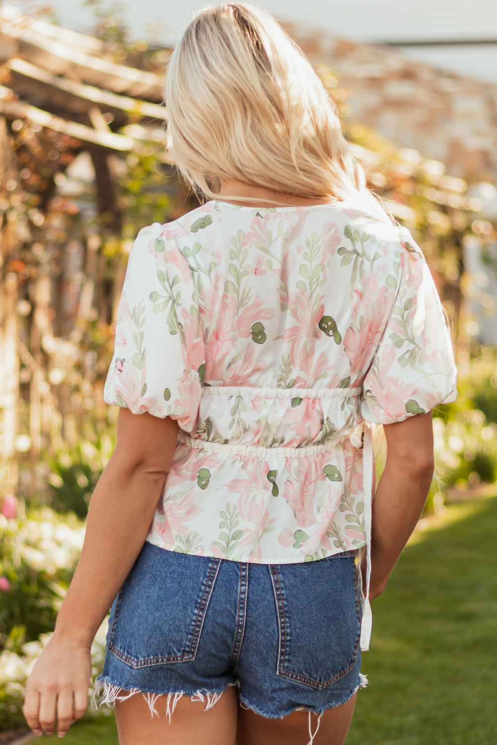 floral puff sleeve v neck tied front peplum blouse