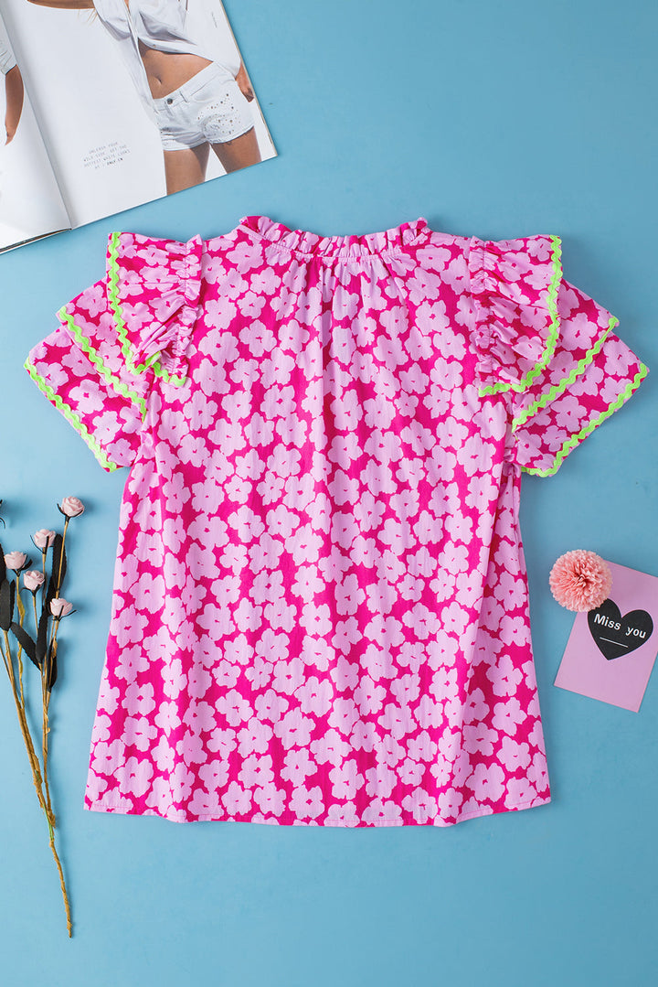 Floral Contrast Ric Rac Layered Ruffle Sleeve Blouse