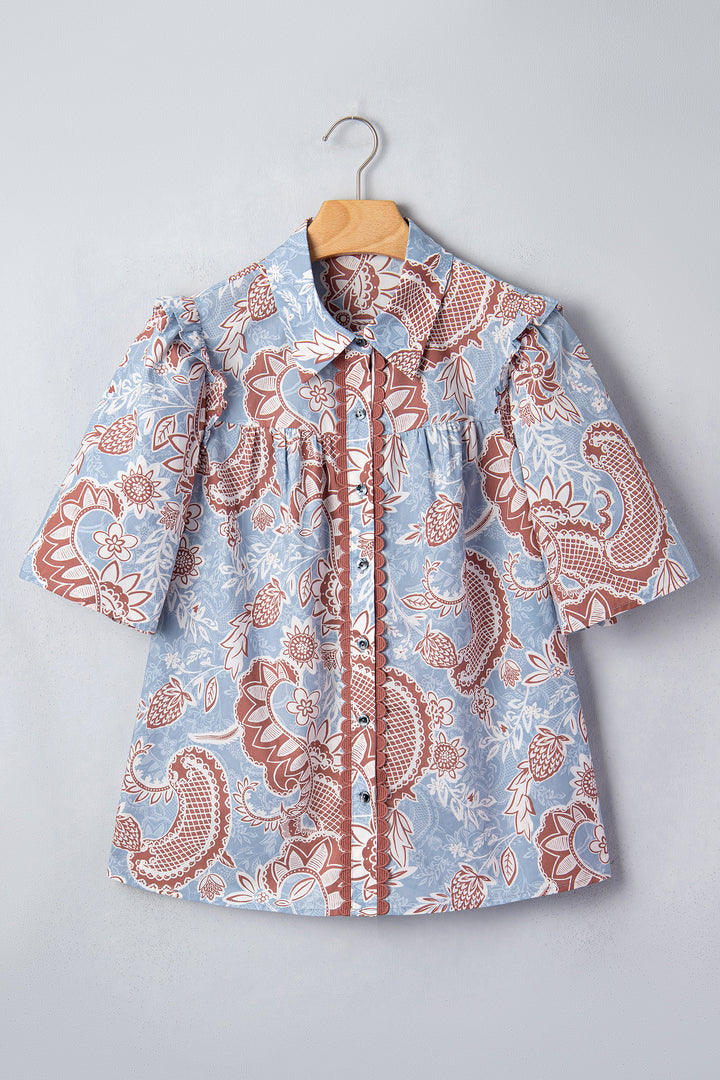 Sky Blue Boho Floral Print Short Sleeve Shirt