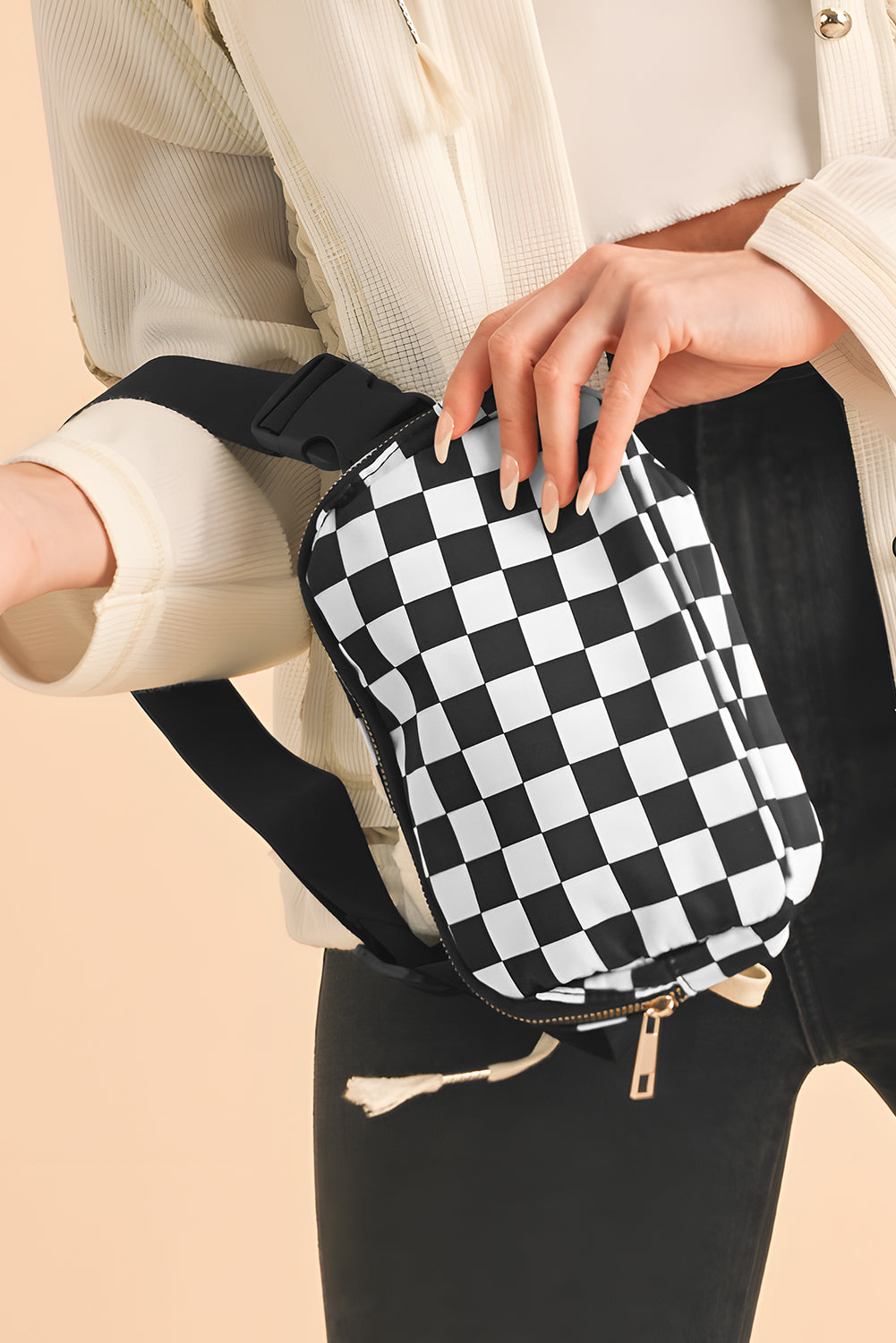 Checkered Print Buckle Wide Belt Crossbody Bag
