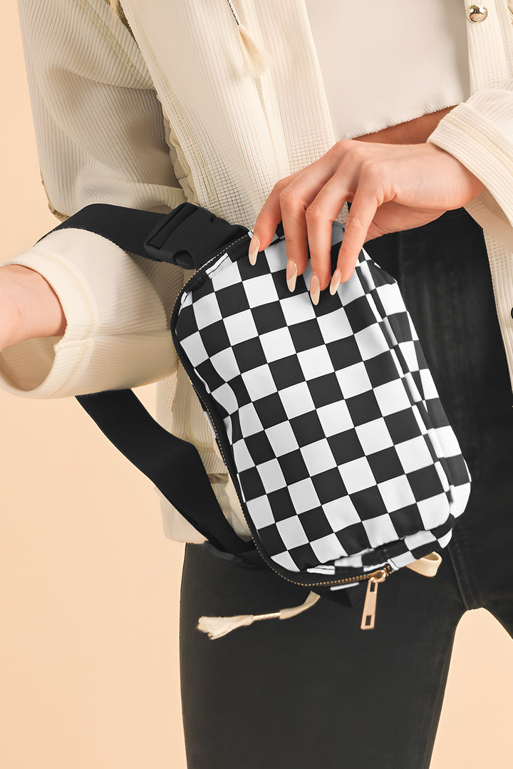 Checkered Print Buckle Wide Belt Crossbody Bag