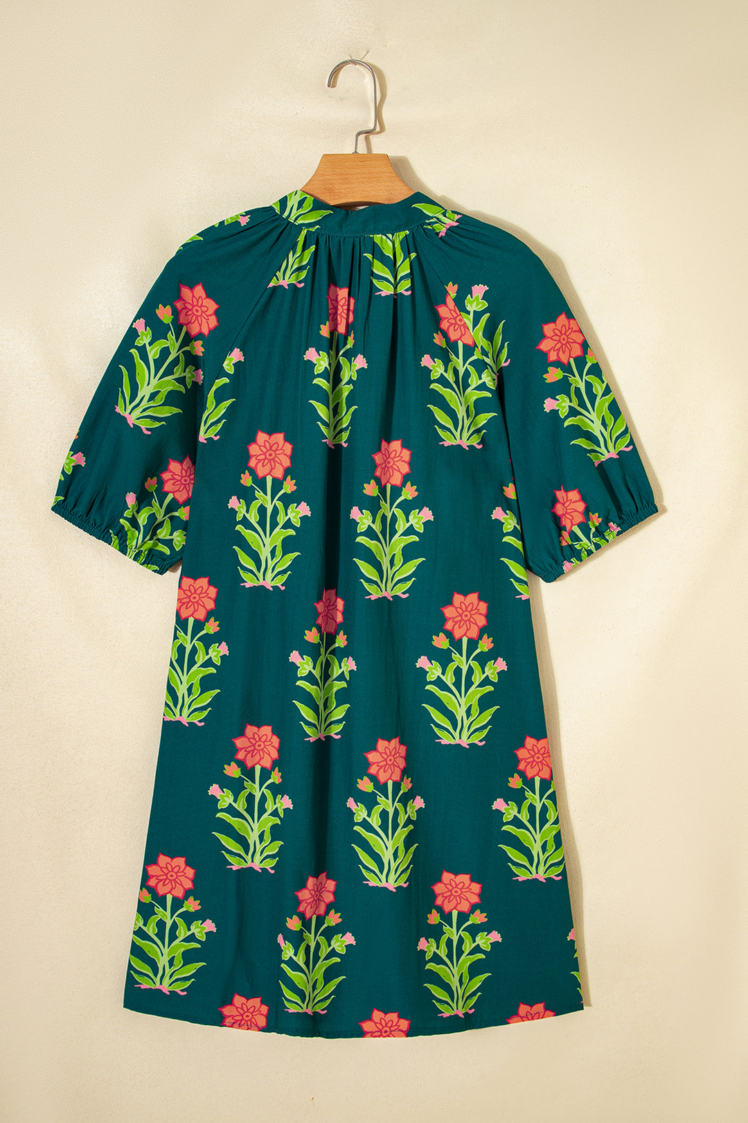 Green Floral Print Contrast Trim Striped Patchwork Short Sleeve Dress