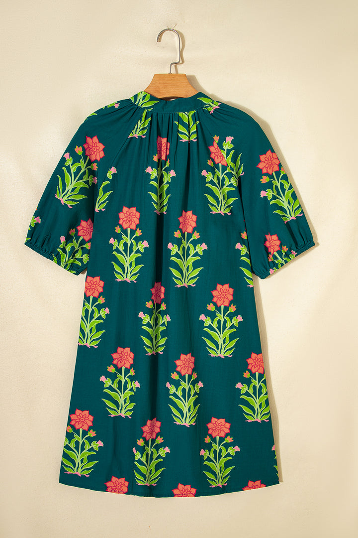 Green Floral Print Contrast Trim Striped Patchwork Short Sleeve Dress