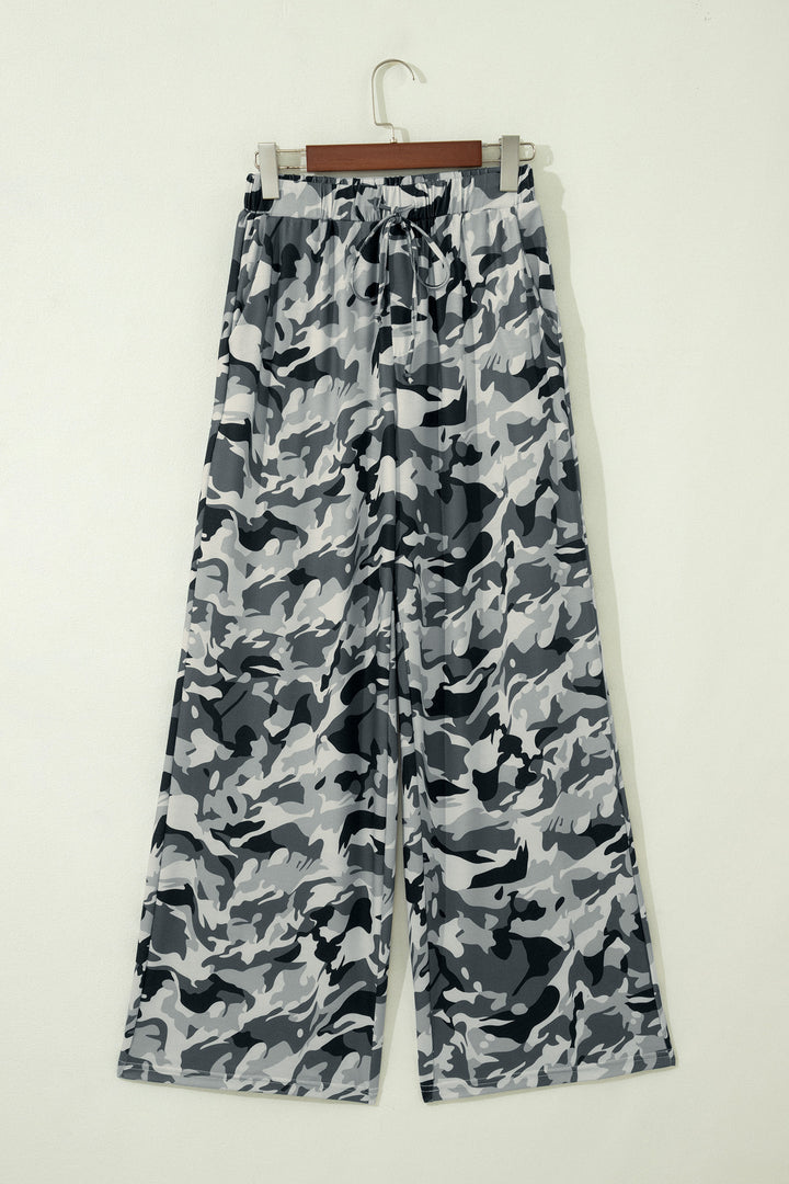 Green Camouflage Print Drawstring Casual Pants