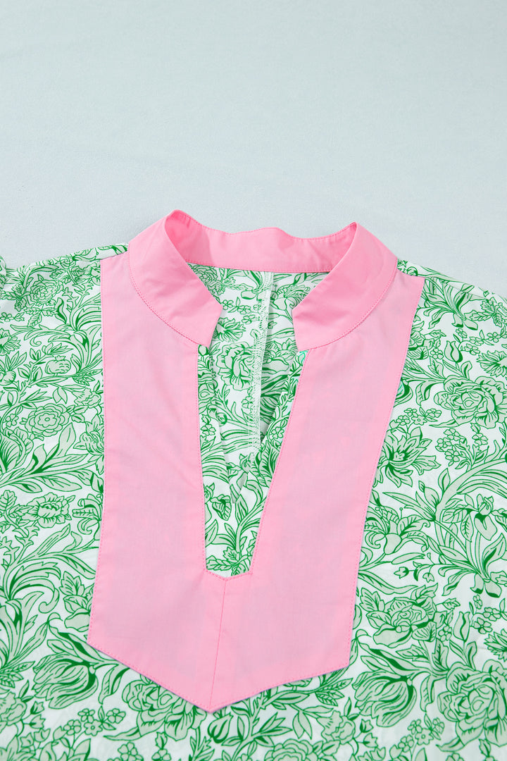 Green Contrast Trim Flutter Sleeve Floral Kaftan Plus Size Maxi Dress